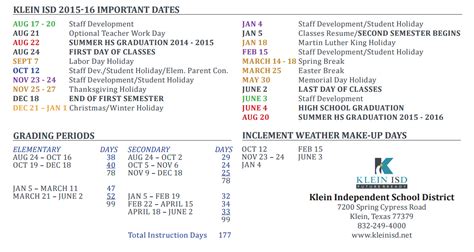 Krimmel Intermediate - School District Instructional Calendar - Klein ...