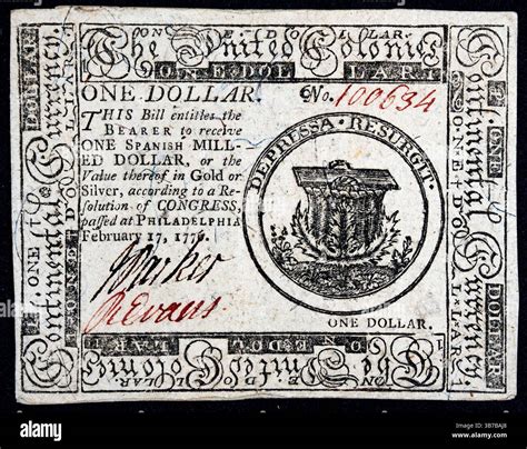 Continental Currency (One Dollar) United Colonies 1776 banknote Stock ...