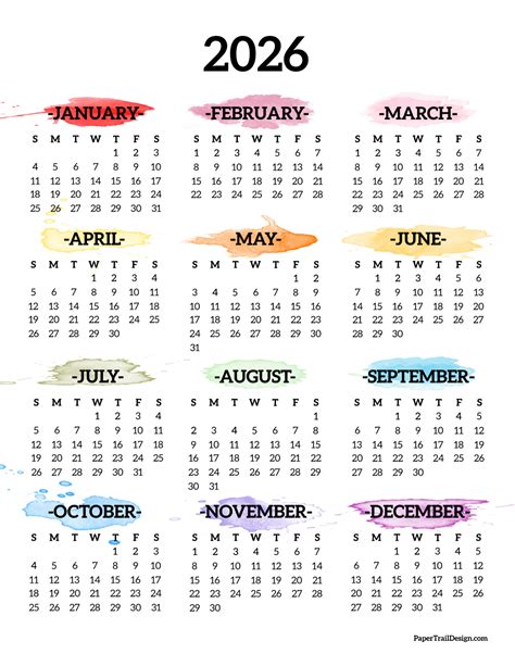Free Print 2026 Full Year Calendars