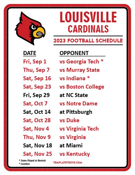 Printable 2023 Louisville Cardinals Football Schedule