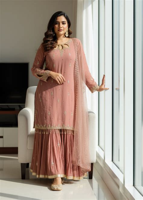 Mauve Georgette Embroidered Suit Set with Sequin Work and Dupatta – Prazify