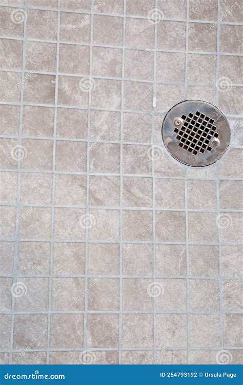 A Neutral Light Beige Square Tile Shower Floor with a Silver Metal ...