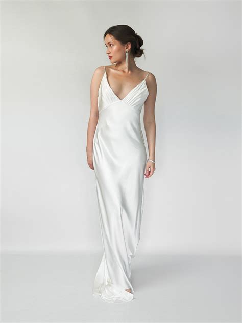 White Silk Satin Wedding Dress, Open Back Bridal Dress, Slip Dress With ...