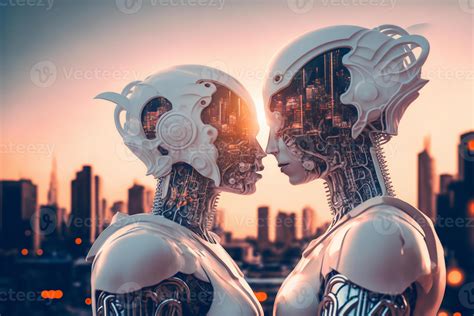 Two female robots in love, a couple. Artificial intelligence, digital ...