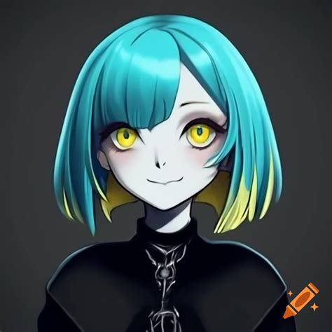 Anime goth girl with cyan hair and yellow eyes in a black outfit on Craiyon
