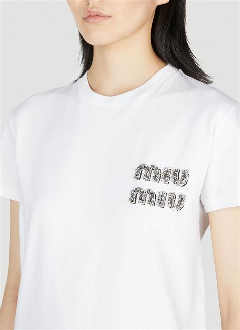 Miu Miu Embellished Logo T-shirt in White | Lyst Australia