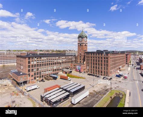Historic Ayer Mills aerial view by the Merrimack River in downtown ...