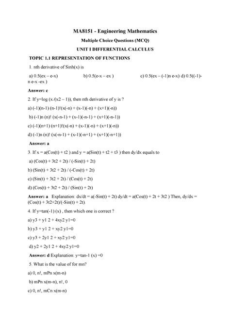Engineering Maths- Differential Calculus(MCQ) - MA8151 - Engineering ...