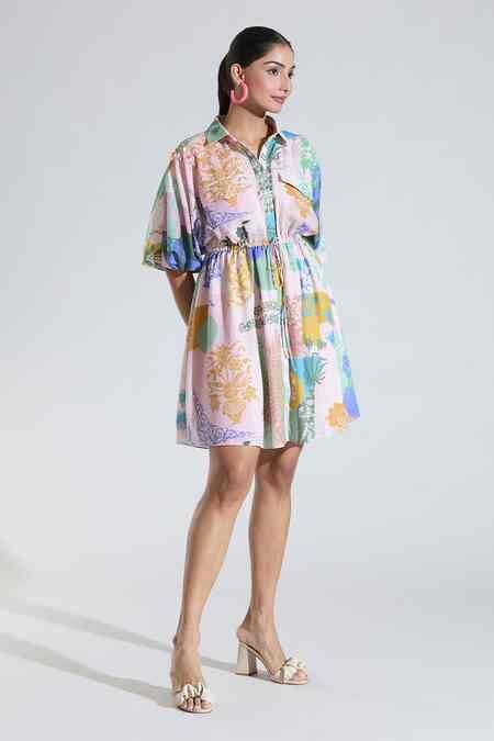 Buy Multi Color Embroidery Collared Floral Print Tie-up Dress For Women ...