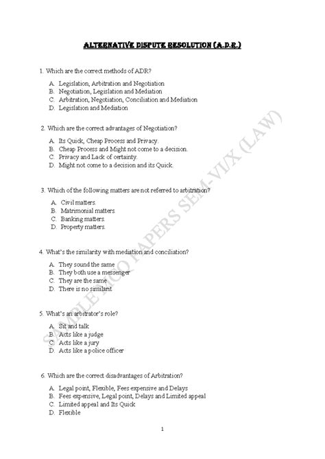 ADR (Alternative Dispute Resolution) Class Test Sample - MCQs - Studocu