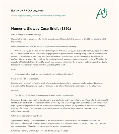Hamer v. Sidway Case Briefs (1891) (400 Words) - PHDessay.com