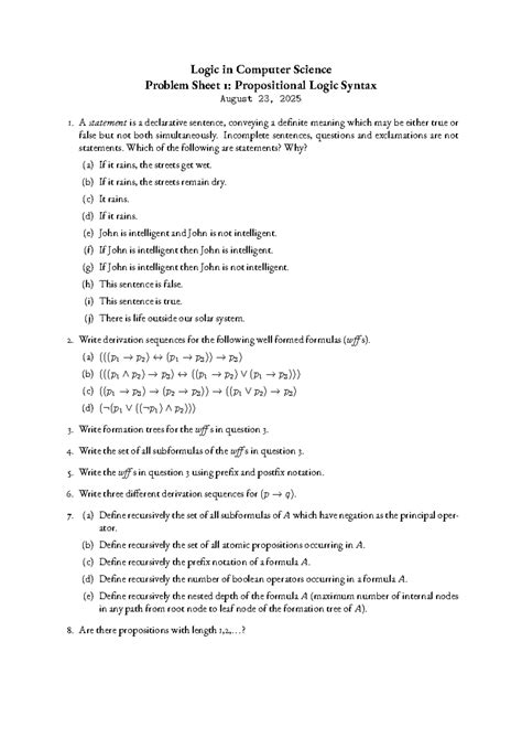 CS101: Problem Sheet 1 - Propositional Logic Syntax & Derivations - Studocu