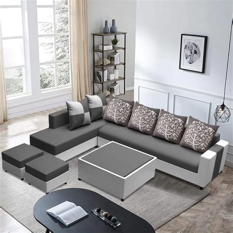 FURNY Erra 8 Seater Fabric LHS L Shape Sofa Set with 1 Centre Table & 2 ...