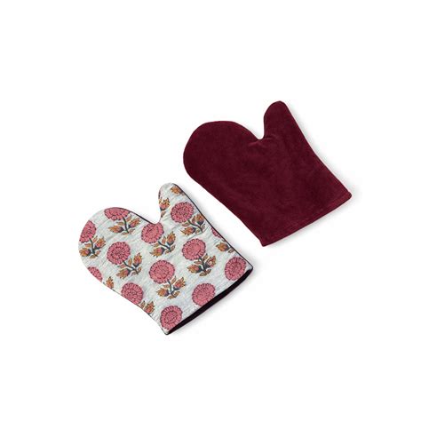 Hand Block Printed Cotton Apron with Velvet Pocket, Includes Mitten ...