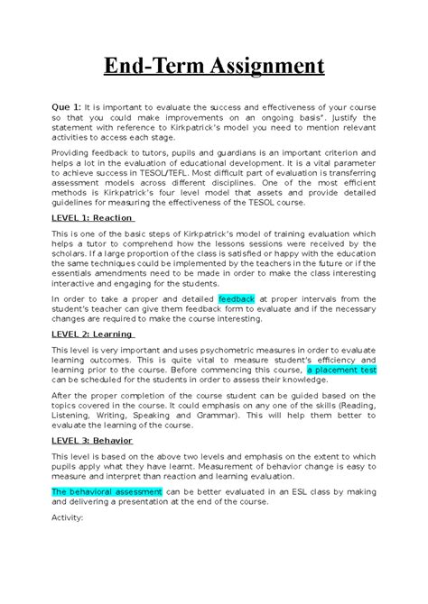 End Term Assignment - End-Term Assignment Que 1: It is important to ...