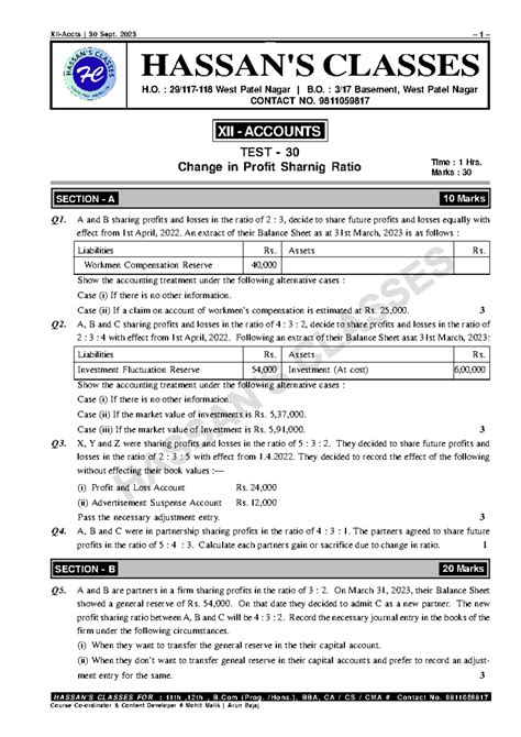 12 Accts Test (Change in PSR) - H A SSA N 'S C L A S SES FO R : 11 th ...