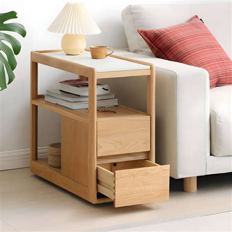 Solid Wood Rectangular Side Table with Storage Shelves and 2-Drawer End ...