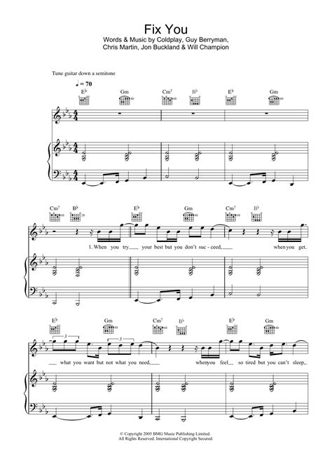 Fix You by Coldplay Sheet Music for Piano, Vocal & Guitar Chords at ...