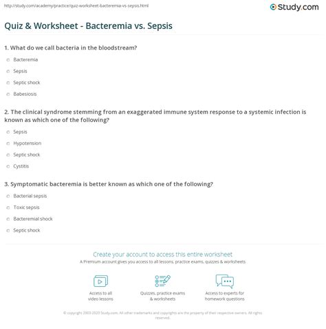 Quiz & Worksheet - Bacteremia vs. Sepsis | Study.com
