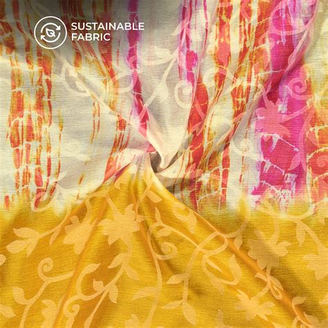 Off White Orange Shiiborii Pattern Digital Print Floral Brasso Fabric ...