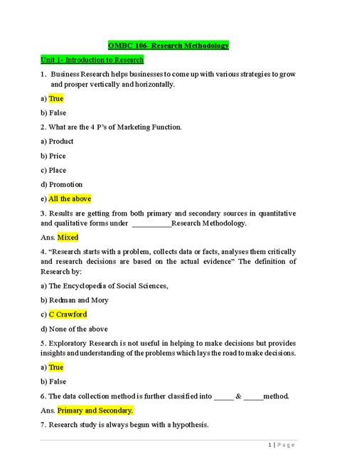 OMBC 106 Final Exam Study Guide: Research Methodology Questions - Studocu