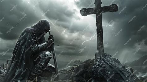 A soldier sits in front of a cross that has a sword in his hand ...