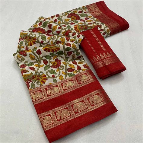 Red Kalamkari Printed Dola Silk Saree