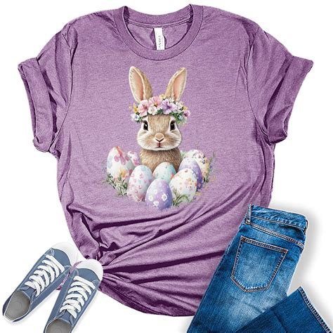 Women's Easter Shirts Bunny Eggs Cute Trendy Casual Graphic Tees Bella ...