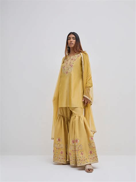 Buy Vark Yellow Embellished Kurti, Sharara and Dupatta Set from Westside
