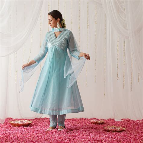 Buy Sky Blue Chanderi Kurta Set for Women | Rustorange