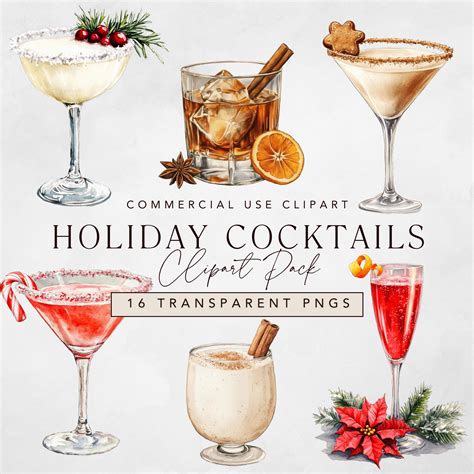 Christmas Cocktail Clipart, Watercolor Holiday Cocktails + Winter Drink ...