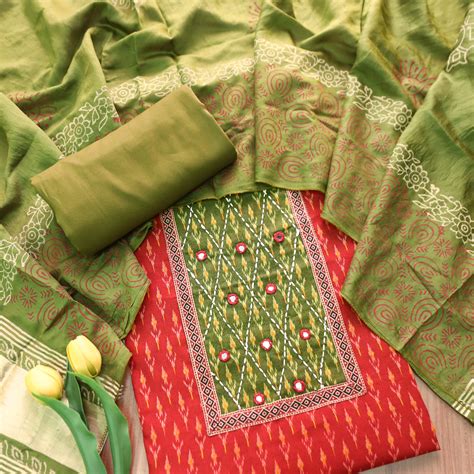 Rangroop Red with Green Thread with Mirror Yoke Ikkat Print Cotton Sui ...