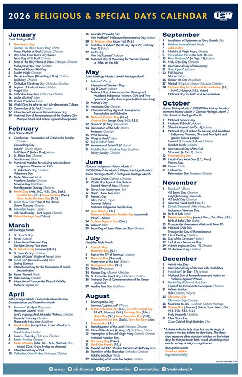 2026 Calendar of Religious and Special Days - USW Canada