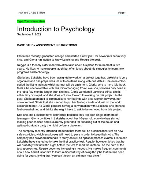Casestudy - Psy101 - Type Your Name Here Introduction to Psychology ...