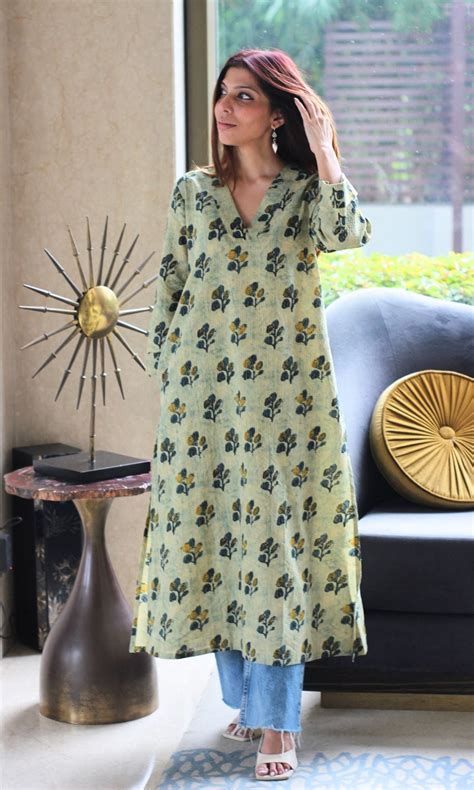 Cotton Kantha Summer Green Vanaspati print A-line Kurta – Baareeki