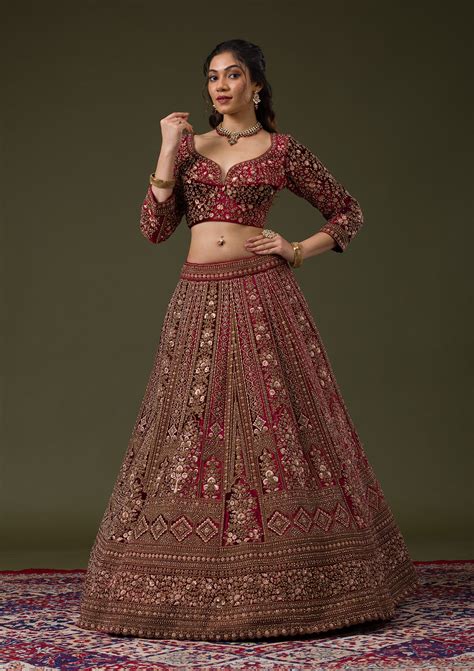 Buy Maroon Zariwork Velvet Readymade Lehenga - Koskii