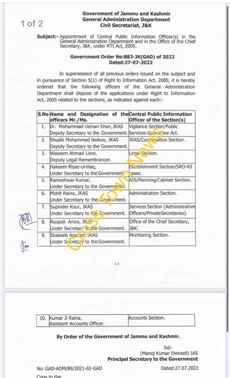 Appointment of 10 JKAS Officers as Central PIOs