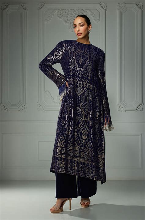 Midnight Blue Aztec Sequin Embroidered Kurta Set – Manish Malhotra