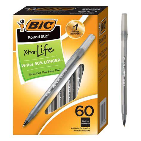 BIC Round Stic Xtra Life Black Ballpoint Pens, Medium Point Pens (1.0mm), 60-Count Pack of Bulk ...