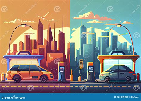 Vector Illustration Comparing Electric Versus Gasoline Car Suv. Electric Car Charging at Charger ...