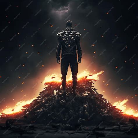 Premium Photo | A warrior standing on a burning battlefield over a pile ...