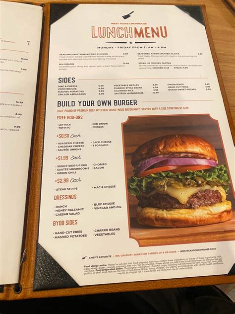 Menu at West Texas Chophouse steakhouse, El Paso