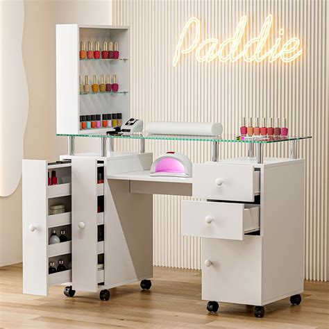 Amazon.com: Paddie Manicure Table Nail Tech Table, Glass Top Nail Desk ...