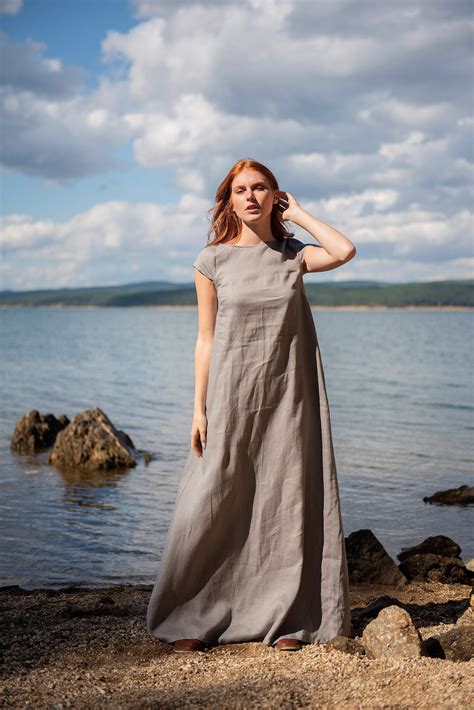 Linen Maxi Dress, Long Linen Dress, Linen Clothing for Women, Gray ...