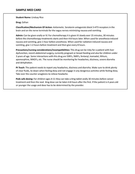 Med Card Zofran - SAMPLE MED CARD Student Name: Lindsay Rice Drug ...