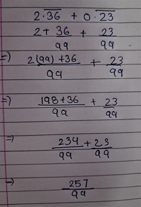 Express 2.36 +0.23 as a fraction in simplest form. *Bar on 36 in 2.36 ...