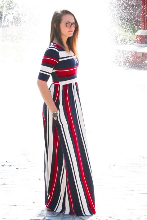 Mackenzie is a classy fall striped half sleeve modest maxi dress with ...