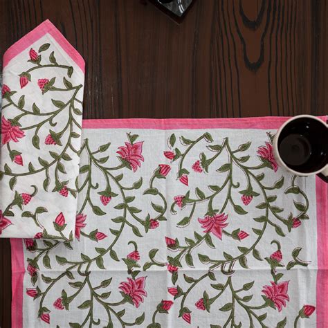 Cotton Napkin Pink Green Floral Jaal Block Print