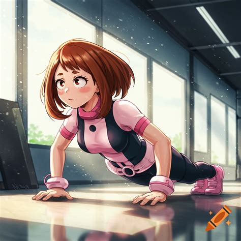 Ochako Uraraka from My Hero Academia doing push-ups in an anime style ...
