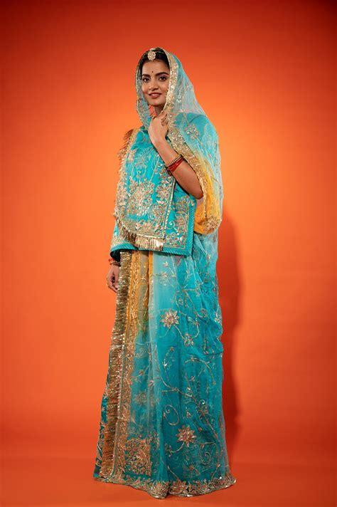 Deep Aqua Bamber Satin zardozi handwork rajputi Poshak with pure odhna